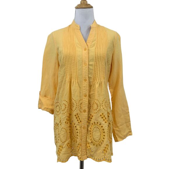 Multiples Linen Blend Shirt Womens XS Extra Small Eyelet Tab Sleeve Pintuck Top - Picture 1 of 13